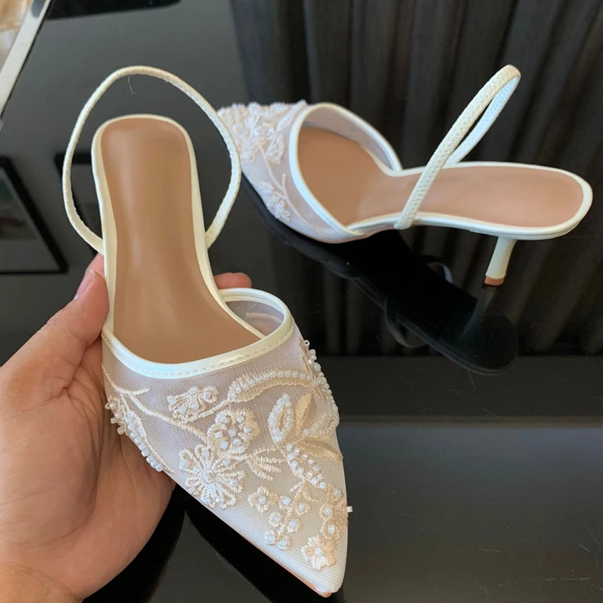 Designer White Women Pumps – Mesh, Floral Embroidery, Slingback High Heels