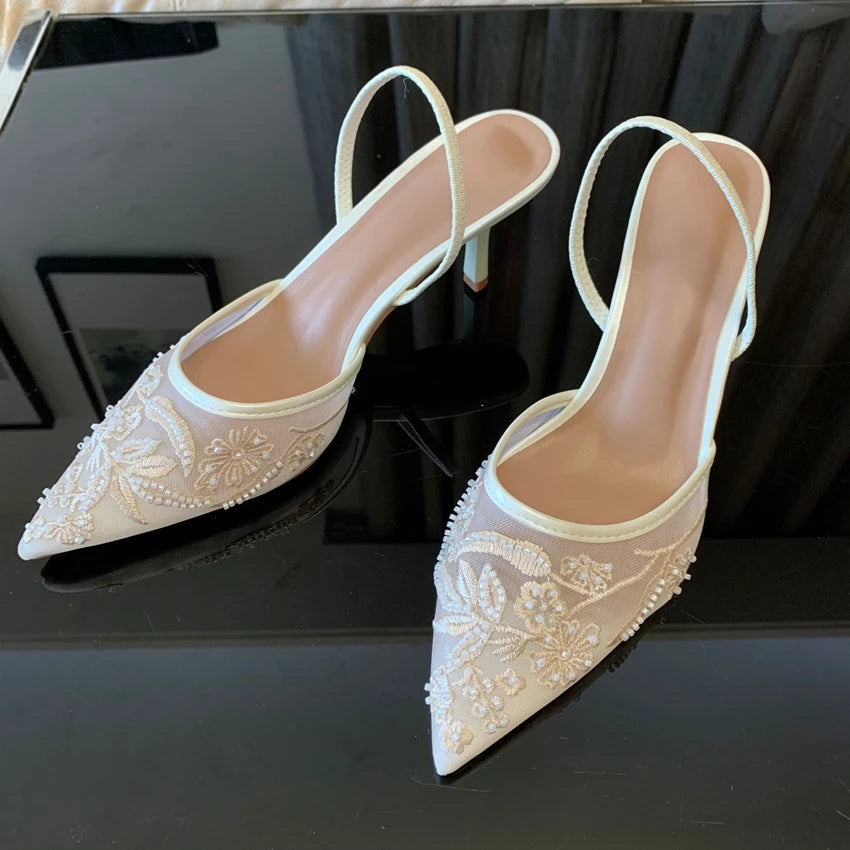 Designer White Women Pumps – Mesh, Floral Embroidery, Slingback High Heels